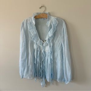Light Blue Unique Ruffle Detail V-neck Silk Blouse